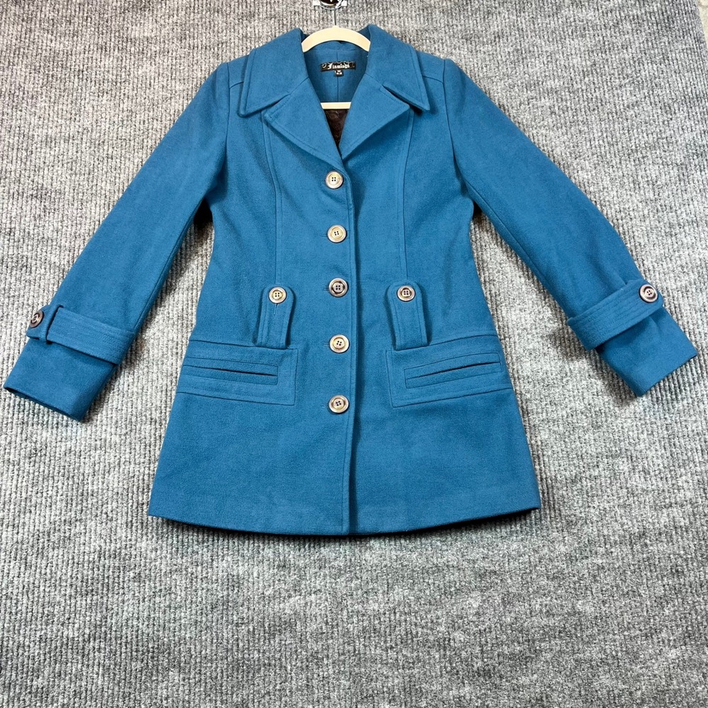 Flamingo Pea Coat Teal Blue Wool Blend Military Mod Style Jacket Jewel Tone M